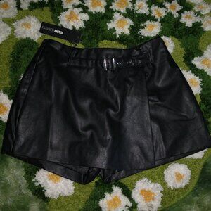 Faux Leather Wrap Mini Skort, Black